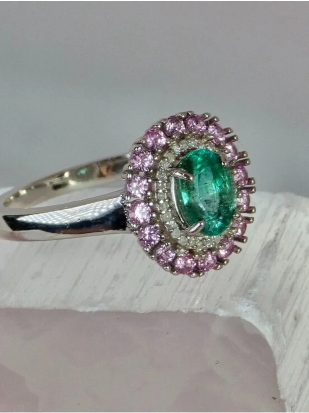 925 Sterling Silver Ring 6.5 with Natural Emerald, Sapphires & Diamonds